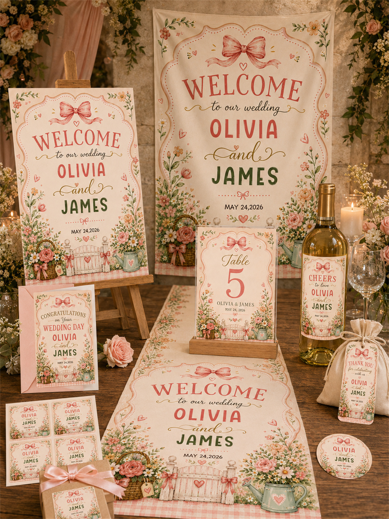 Romantic Garden Country Chic Theme - Watercolor Garden with bow Design - Custom name and date